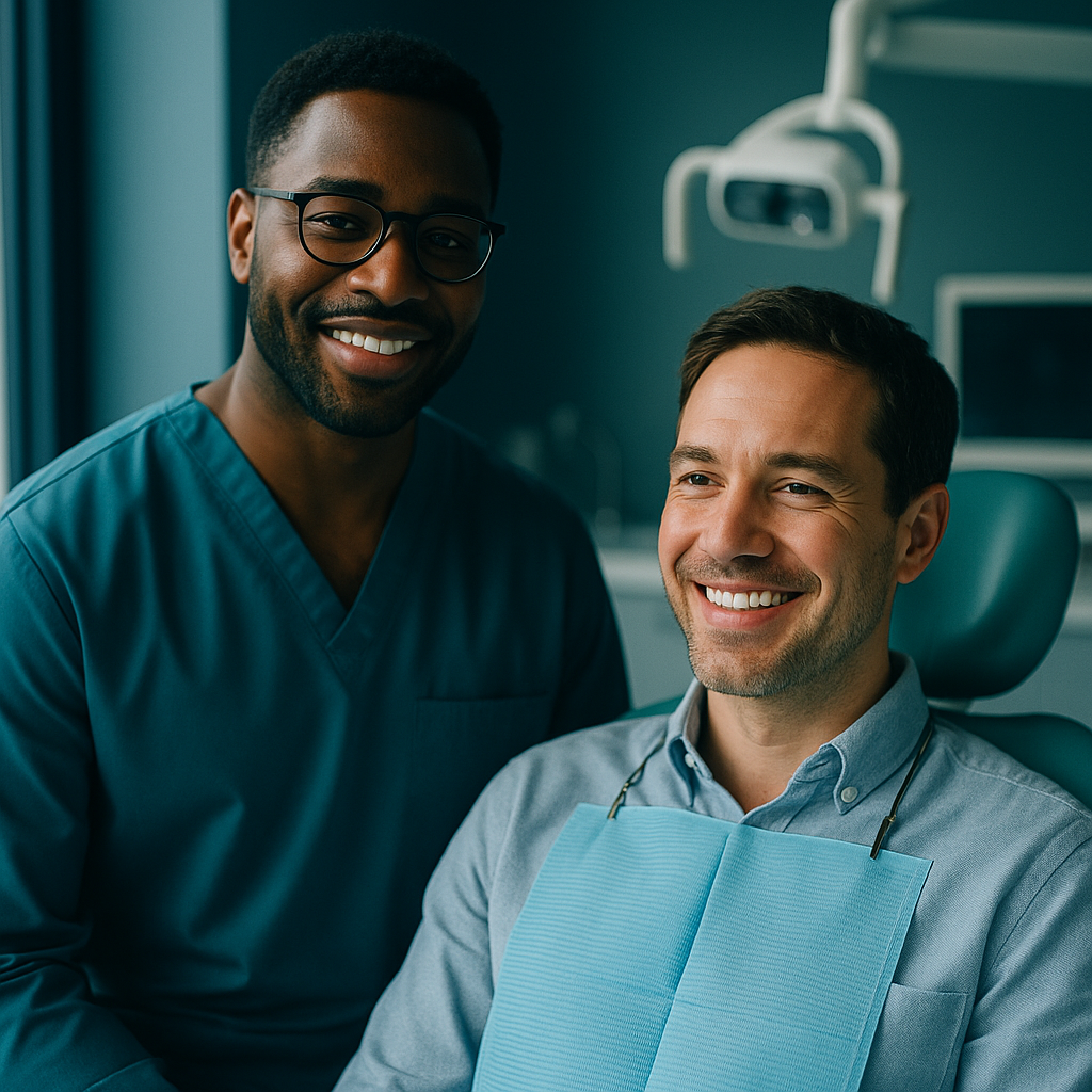 Dentista con paciente en consultorio moderno
